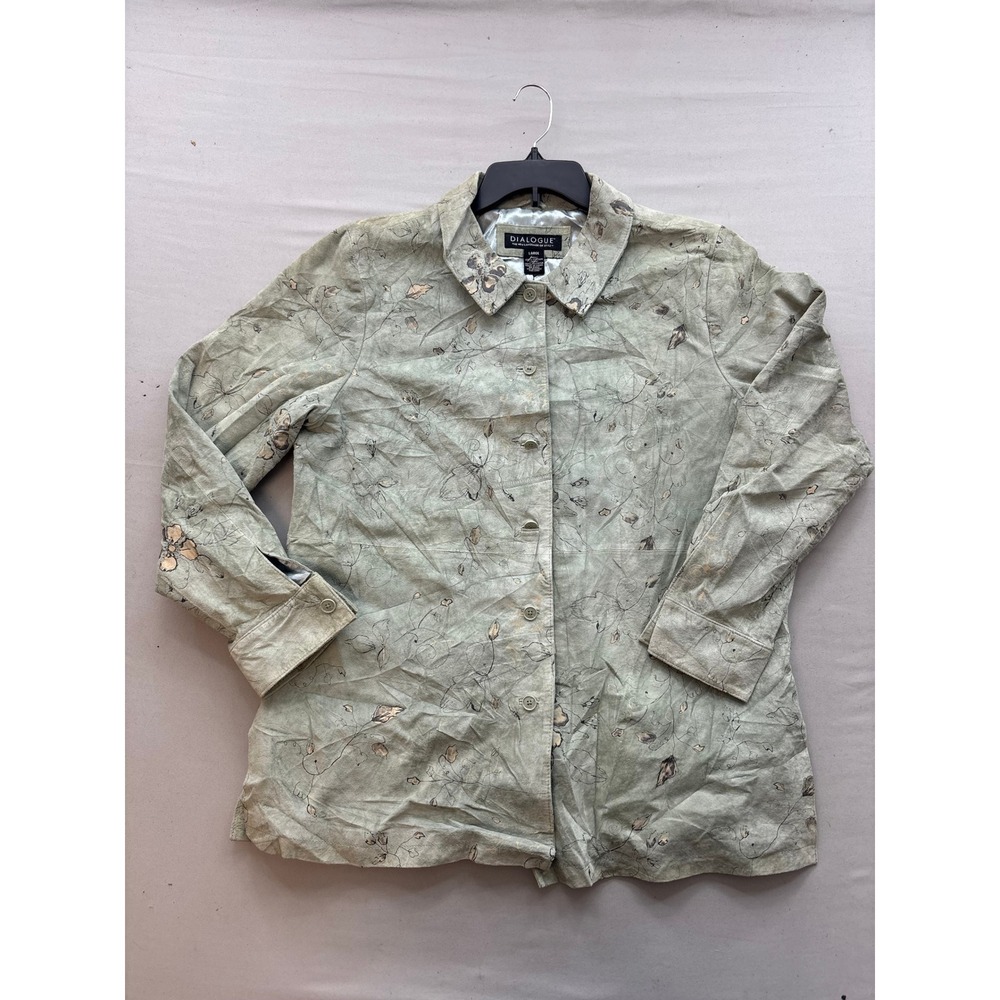 Dialogue Sage Green Floral Print 100% Leather Button Down Shirt Jacket Large